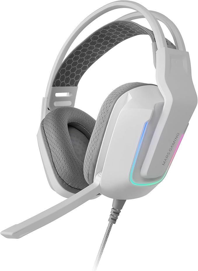 Mars Gaming MH-STRIKE, Auriculares Gaming FRGB Rainbow, Diseño Ergonómico, Drivers Neodimio 50mm, Micrófono Plegable, Controles Integrados, Almohadillas Air, Diadema Ajustable, Multiplataforma, Blanco