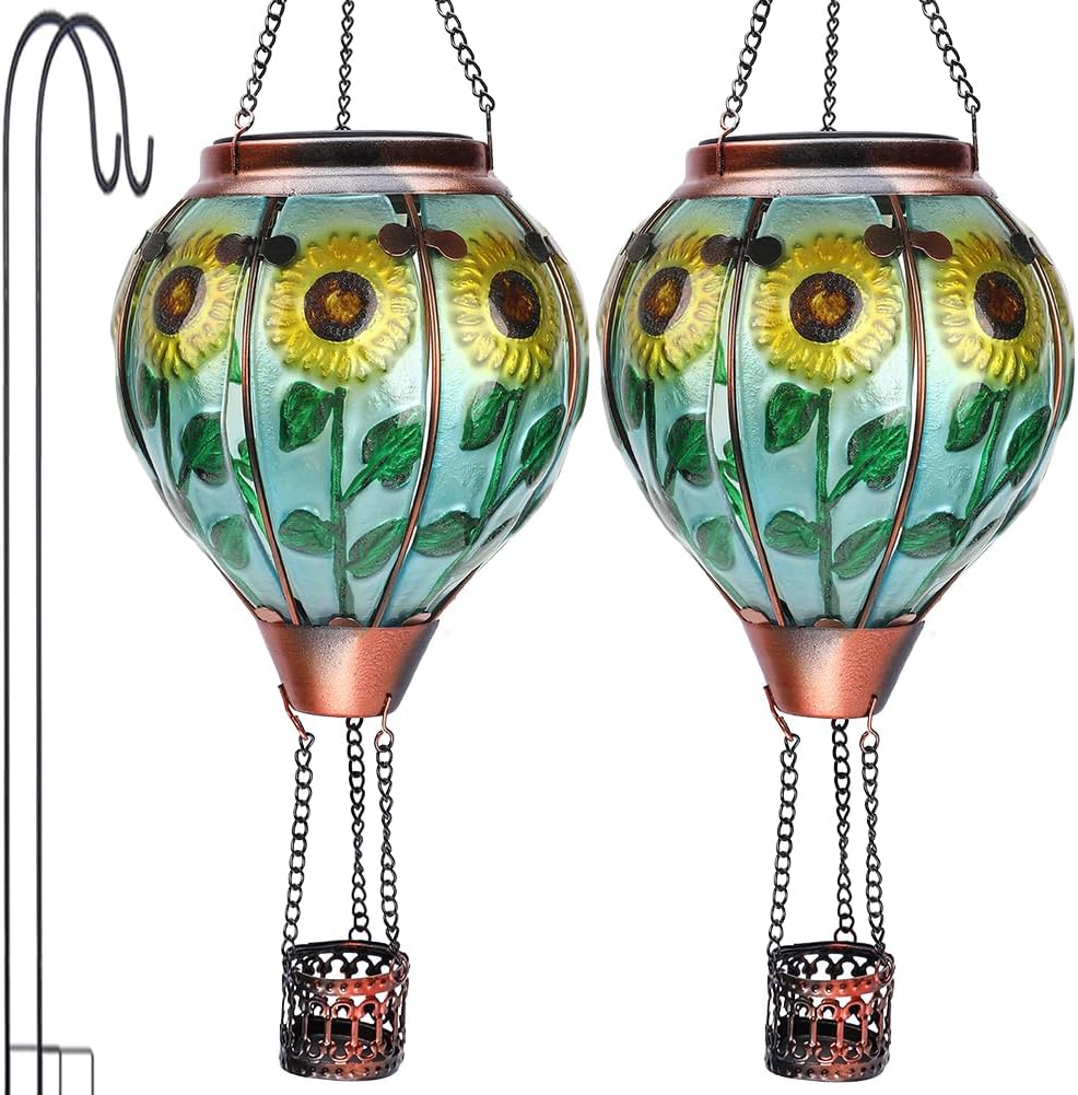 Glass hot air balloon solar lanterns (2-pack) with flickering flame