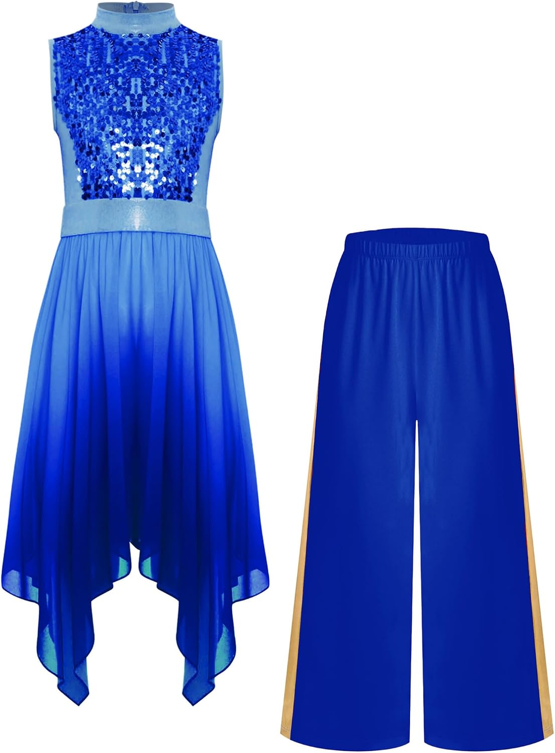ranrann Kids Girls Metallic Praise Dance Outfit Sequin Liturgical Worship Overlay Tunic Dress with Wide Leg Pants