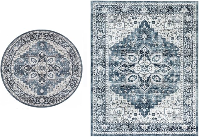 AMADA HOMEFURNISHING 8x10 and 5x5 Round Area Rugs Buying Together, Soft, Machine Washable, Stain-Resistant, Low-Profile Indoor Area Rugs with Non-Slip Backing & Durable Edge Binding