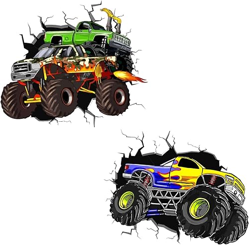 Miniatura 5 de PLIGREAT Calcomanías de pared grandes de camión monstruo, calcomanías de pared de vinilo removible 3D agrietado para adolescentes, sala de juegos,