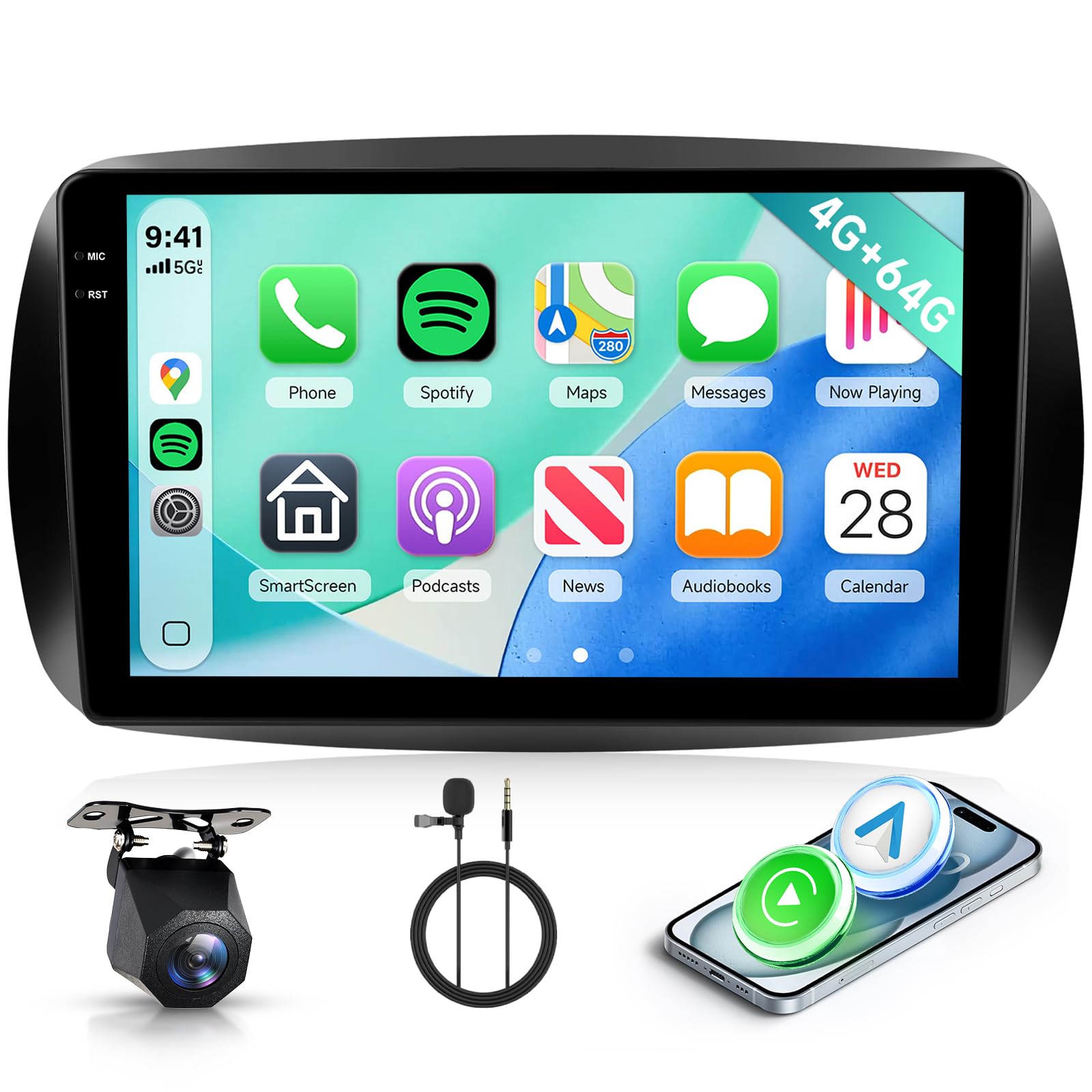 Hodozzy 4G+64G Autoradio per Mercedes Benz Smart 453 Fortwo 2014-2020 Android 9 Pollici InCell Touch Schermo Carplay Wireless Android Auto, Stereo 2 Din Bluetooth DSP GPS WiFi Radio FM RDS Telecamera