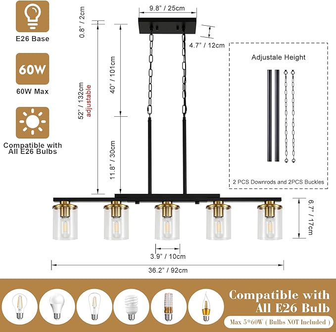 XvmBvm 36.2inch 5-Light Kitchen Island Lighting,Dining Room Lights Modern Farmhouse Chandelier with Clear Glass Shade,Modern Rustic Black and Gold Metal Chandelier, Kitchen Pendant Light Fixtures photo 2