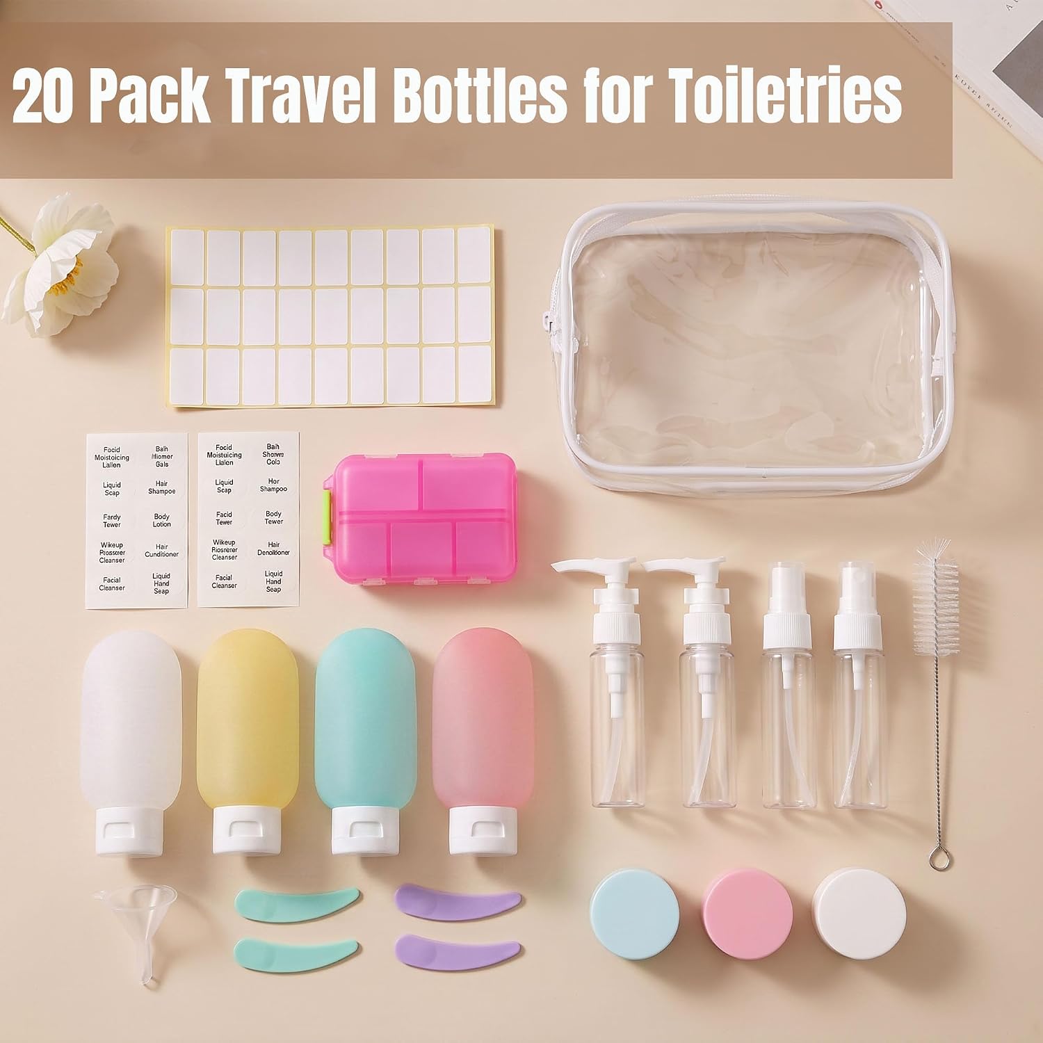 20 Pack Travel Bottles for Toiletries, Travel Containers with Pill Case