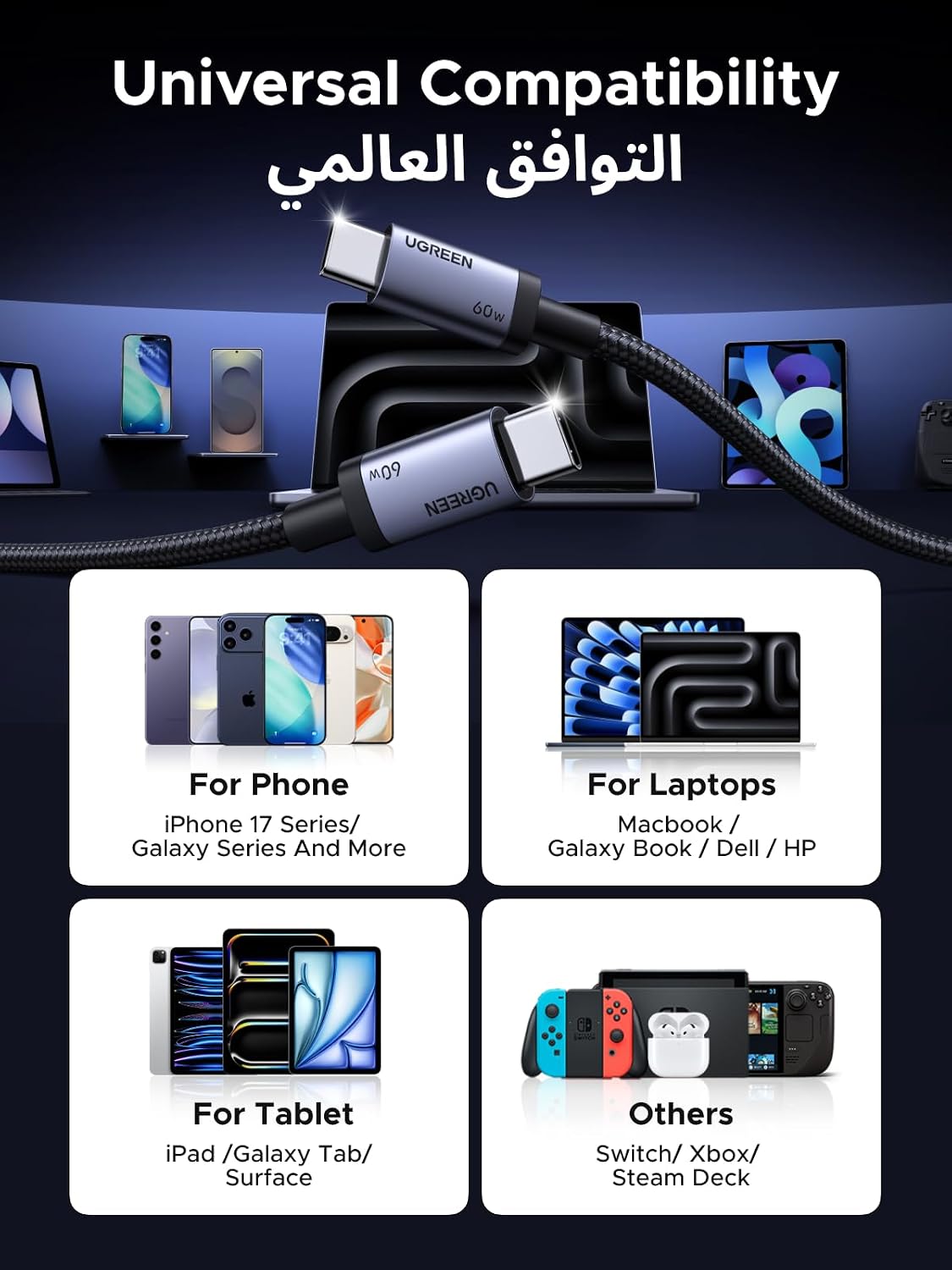 كيبل usb c، سلك مضفر بالنايلون 60 واط، كيبل ش - الصورة 9