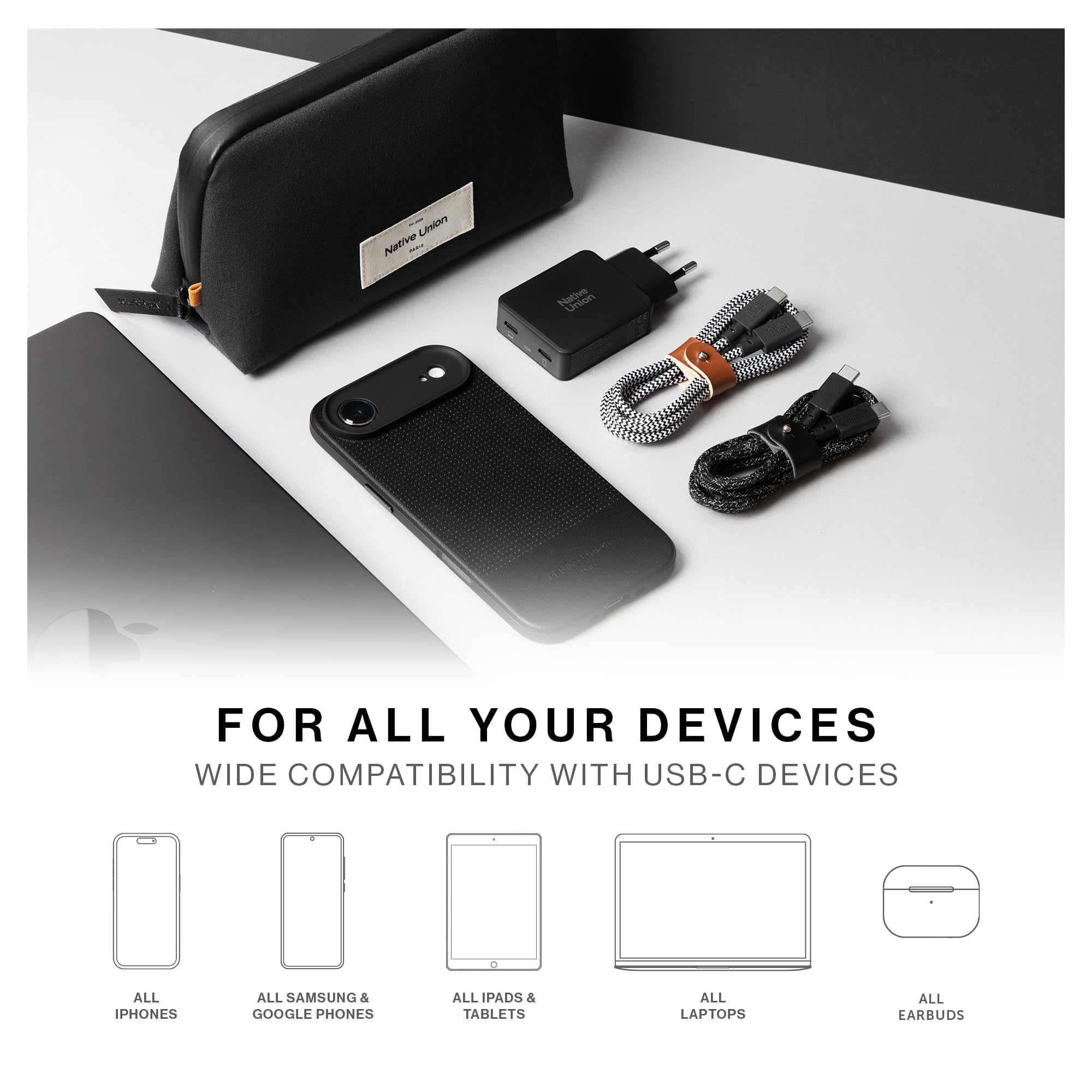 Native Union Chargeur GaN Pocket PD 65W – Chargeur Rapide Double USB‑C Ultra‑Fin – Jusqu’à 65W – idéal Voyage MacBook, PC Portables, iPad, iPhone (Noir)
