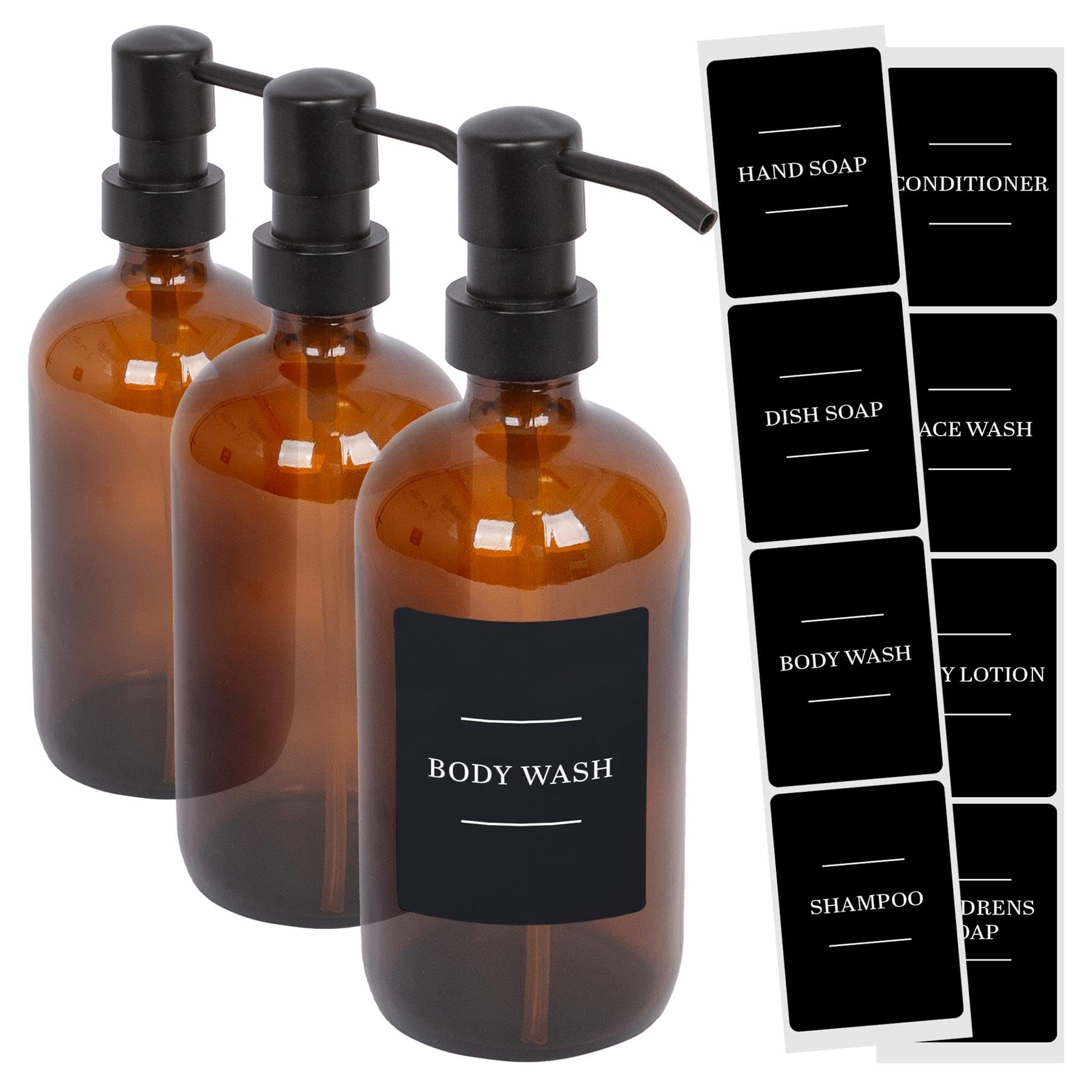 Harbour Housewares Glass Soap Dispensers with Labels Pack of 3-500ml Amber Refillable Bottles with Pumps and Black Labels - Bathroom and Kitchen Accessories for Hand Wash, Lotion or Sanitiser