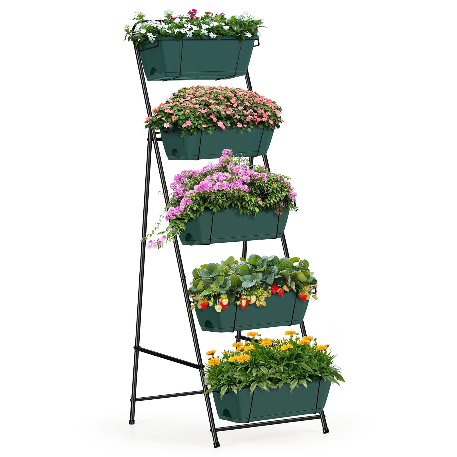 Raised Garden Bed 5 Tier Vertical Garden Planter Standing Planter Box Herb Garden Planter with Drainage Holes and Removable Tray Planters for Outdoor Plants Vegetables Flowers Green