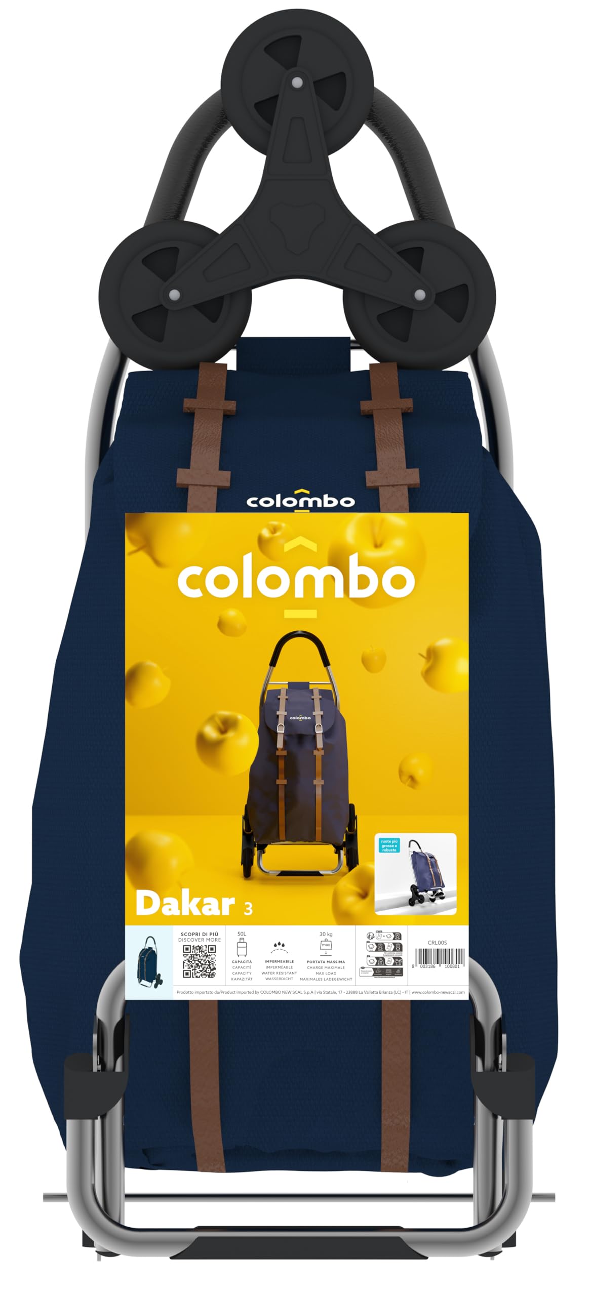 COLOMBO Dakar 3 Carrello spesa 50L con sacca impermeabile in poliestere, struttura in acciaio, 3 ruote per scale e tutti i terreni, portata 30 kg, leggero e pieghevole, ideale supermercato e mercato
