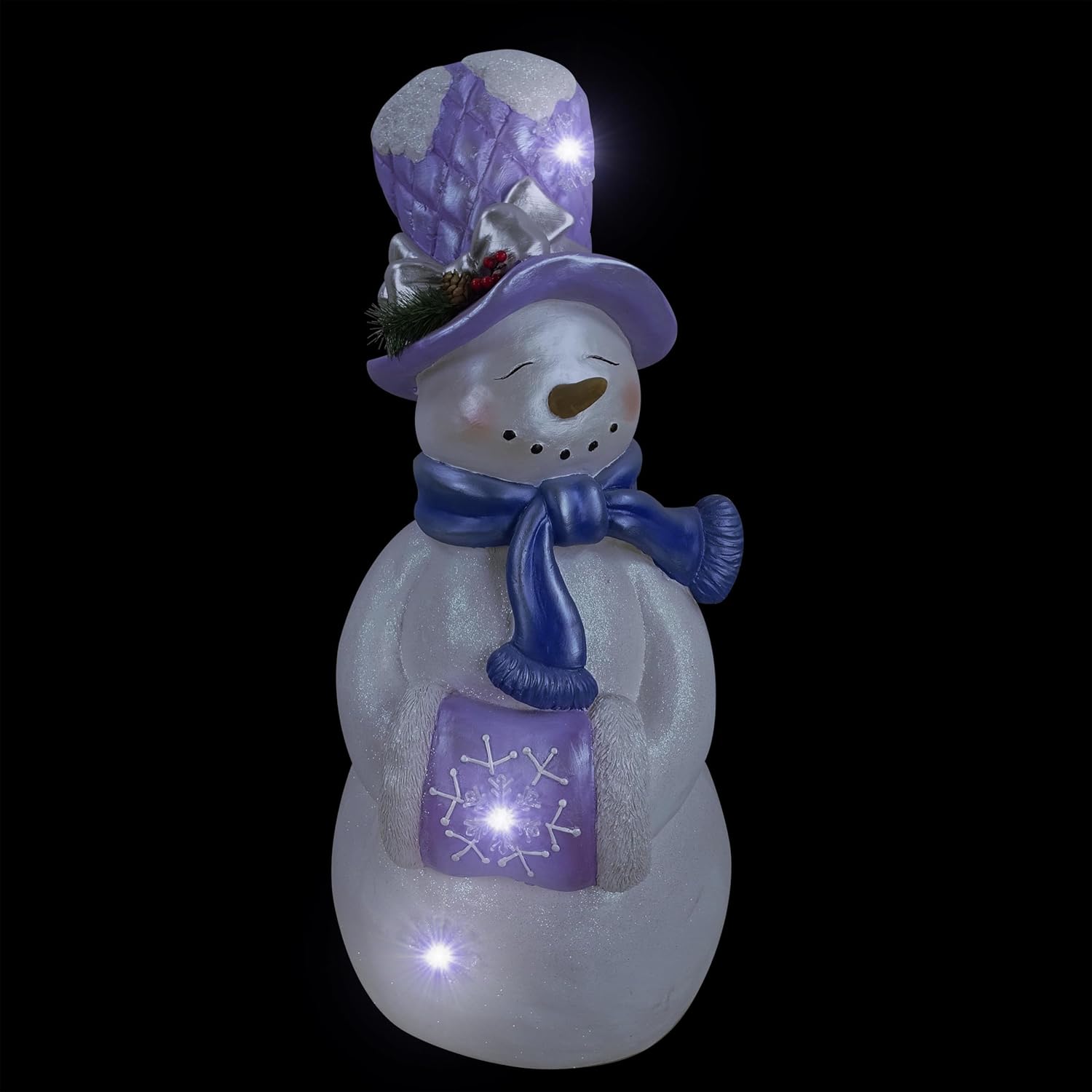 Alpine Corporation 37" Tall Lavender White Snowman Statue with Hand Muff and Twinkle LED Lights, Indoor/Outdoor Christmas Holiday Lighted Sculpture for Porch or Garden