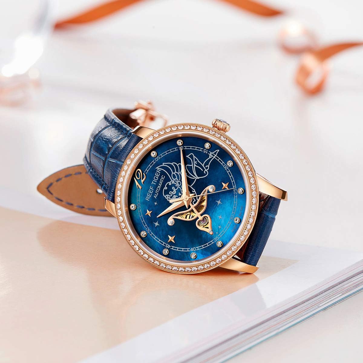 REEF TIGER Brand Fashion Watch for Women Luxury Rose Gold Automatic Watch Leather Strap RGA1550
