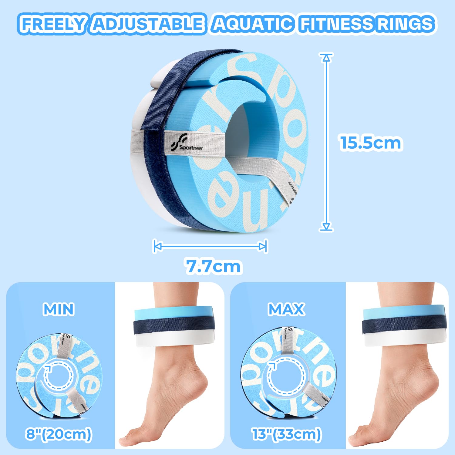 Sportneer Manchettes aquatiques en mousse – Équipement d'aérobic EVA haute densité, poids d'eau pour chevilles et bras avec boucle amovible pour Aqua Fitness, exercices en piscine et jogging aquatique