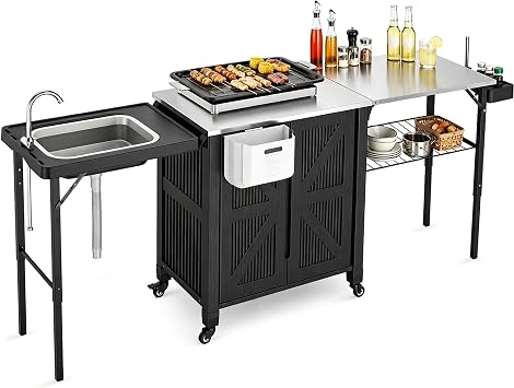 Outdoor Grill Cart with Storage Cabinet, 3-in-1 Movable Kitchen Island Cart, Outdoor Grill Cooking Station with Stainless Steel Countertop&Rolling Wheels&Folding Side Tables for Backyard Patio