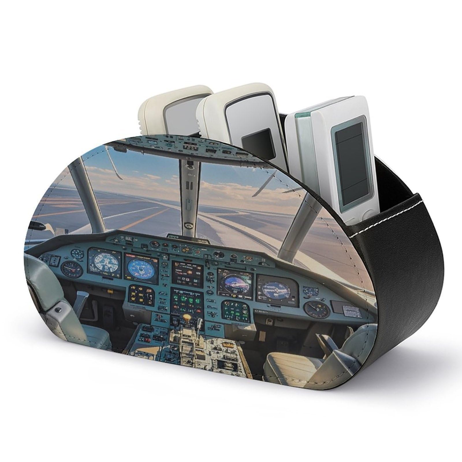 FekiLoot Airplane Cockpit TV Remote Control Holder with 5 Compartments Multi-functional Leather Bedside Table Remote Caddy Desktop Storage Box for Store Pen Controller Media Player Cosmetic