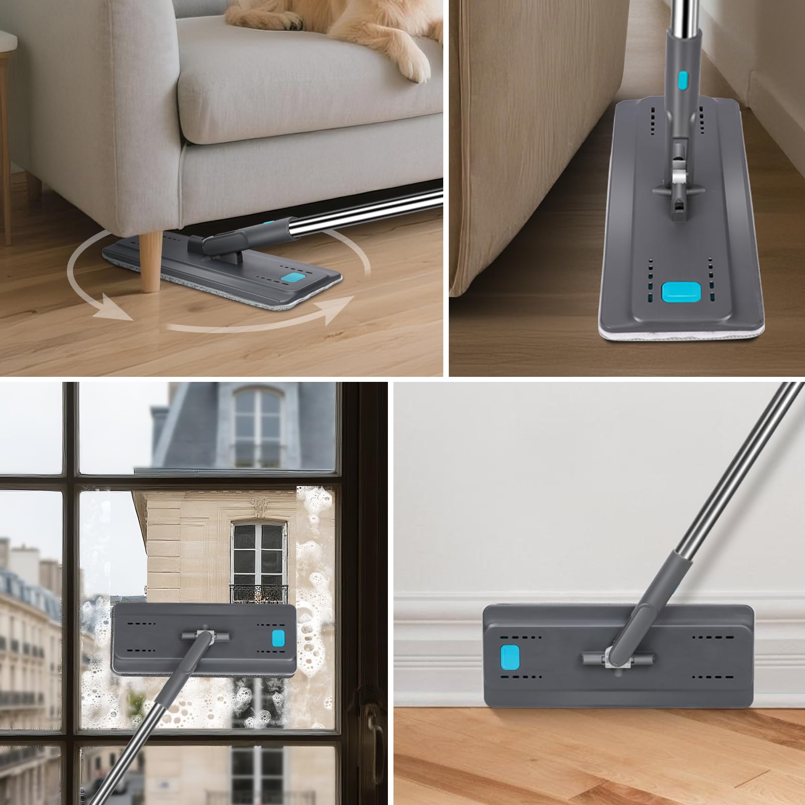 MASTERTOP Mocio Piatto e Secchio Strizzatore, Mocio Rotante a 360° e Secchio Autolavaggio, Mop Lavapavimenti a Mani Libere in Microfibra, con 6 Tamponi Riutilizzabili (Grigio scuro)