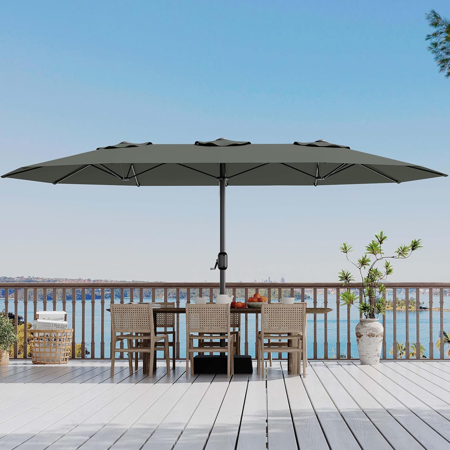 15ft Large Patio Umbrella with Sandbag Base - Rectangular Patio Umbrella with Crank Handle, UV Protection for Outdoor Market, Backyard, Pool - Gray