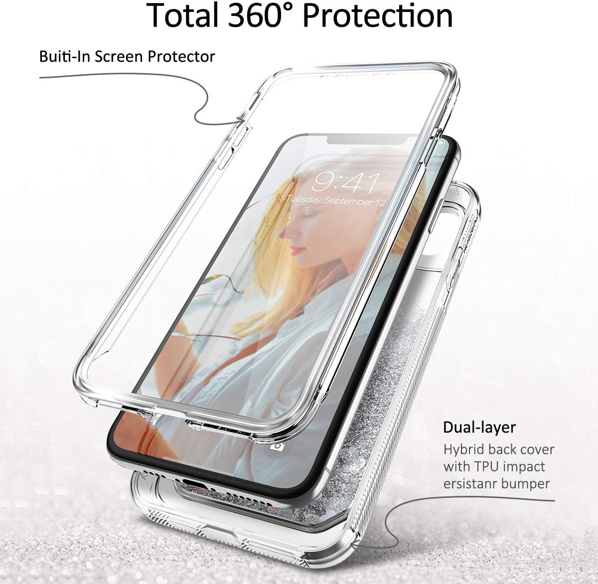 SURITCH Case for iPhone X/iPhone Xs, [Built-in Screen Protector] Glitter Liquid Quicksand Floating Full-Body Protection Rugged Bumper Shockproof Case for iPhone X/iPhone Xs 5.8 Inch(Silver)
