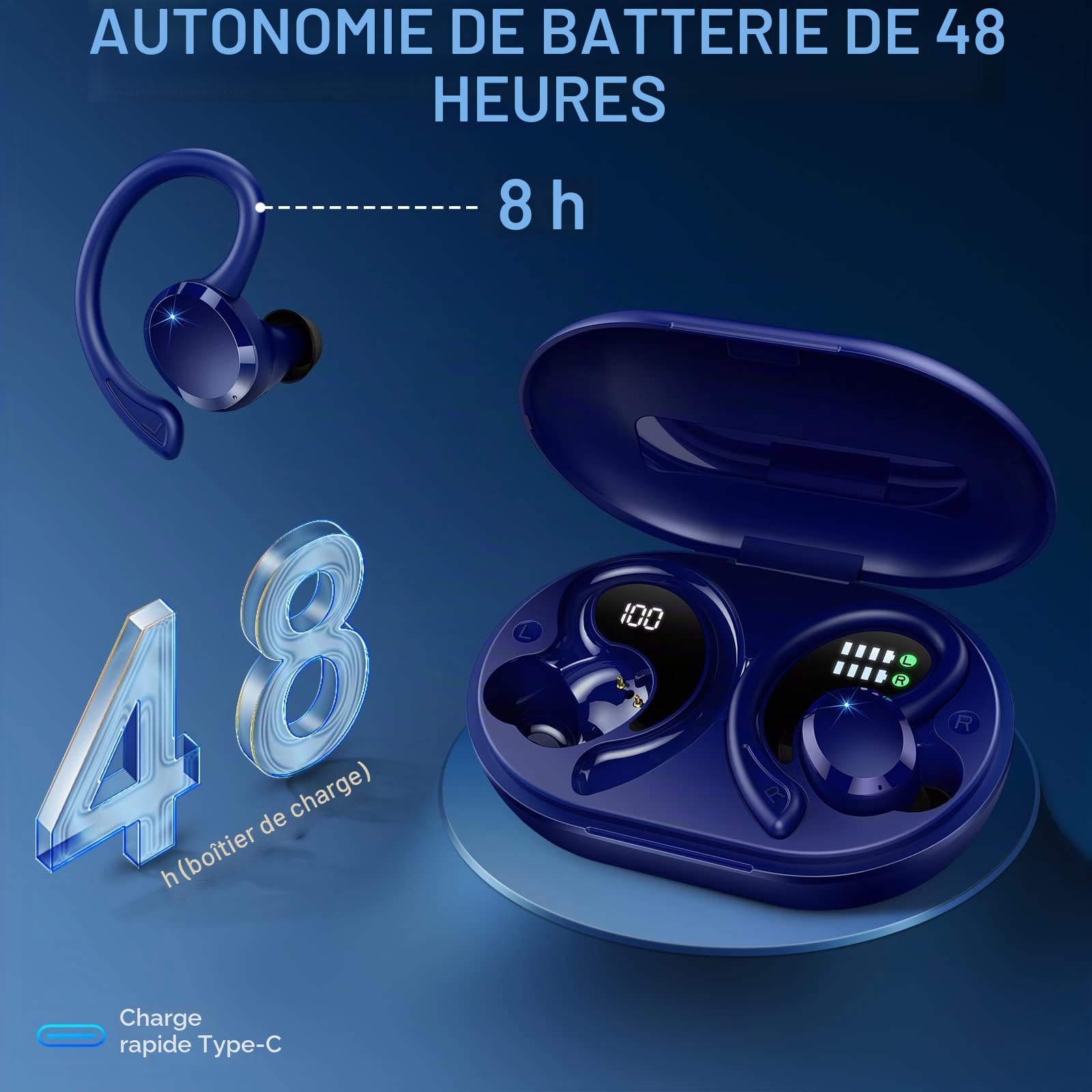 Ecouteurs Bluetooth Sans Fil Sport, 75Hrs Écouteurs Bluetooth 5.4 avec Stéréo HiFi 3D, 4 ENC Réduction de Bruit Mic Oreillette sans Fil USB-C Charge, Étanches IP7 Casque Running LED pour Android/iOS