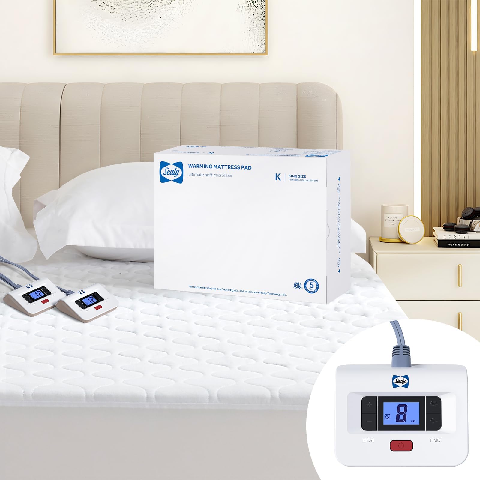 - Sealy Heated Mattress Pad King Size, Luxury Quilted Electric Bed Warmer with Dual Controller 10 Heat Settings & Auto Off 1-12 Hours | Fit Up to 17" Deep Pocket | ETL Certified | Machine Washable