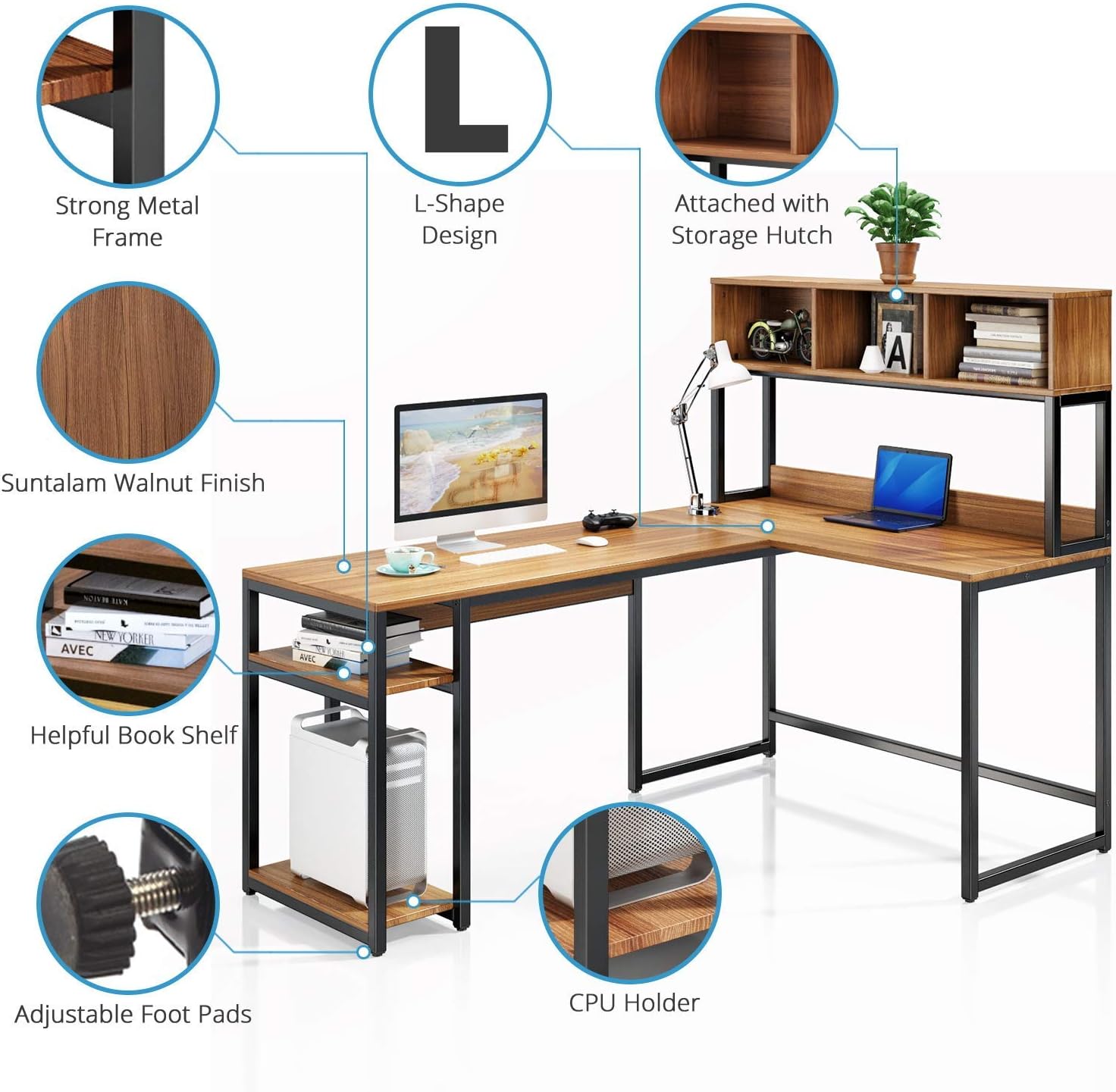 Detailed view of VIPEK L-Shaped Desk features including metal frame, hutch, bookshelf, and adjustable foot pads