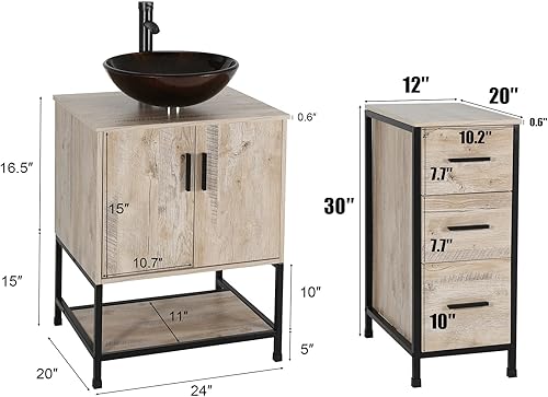 Miniatura 2 de eclife Combo de lavabo de baño de 36 pulgadas con gabinete lateral de 3 cajones independientes y fregadero redondo de vidrio templado de bronce y