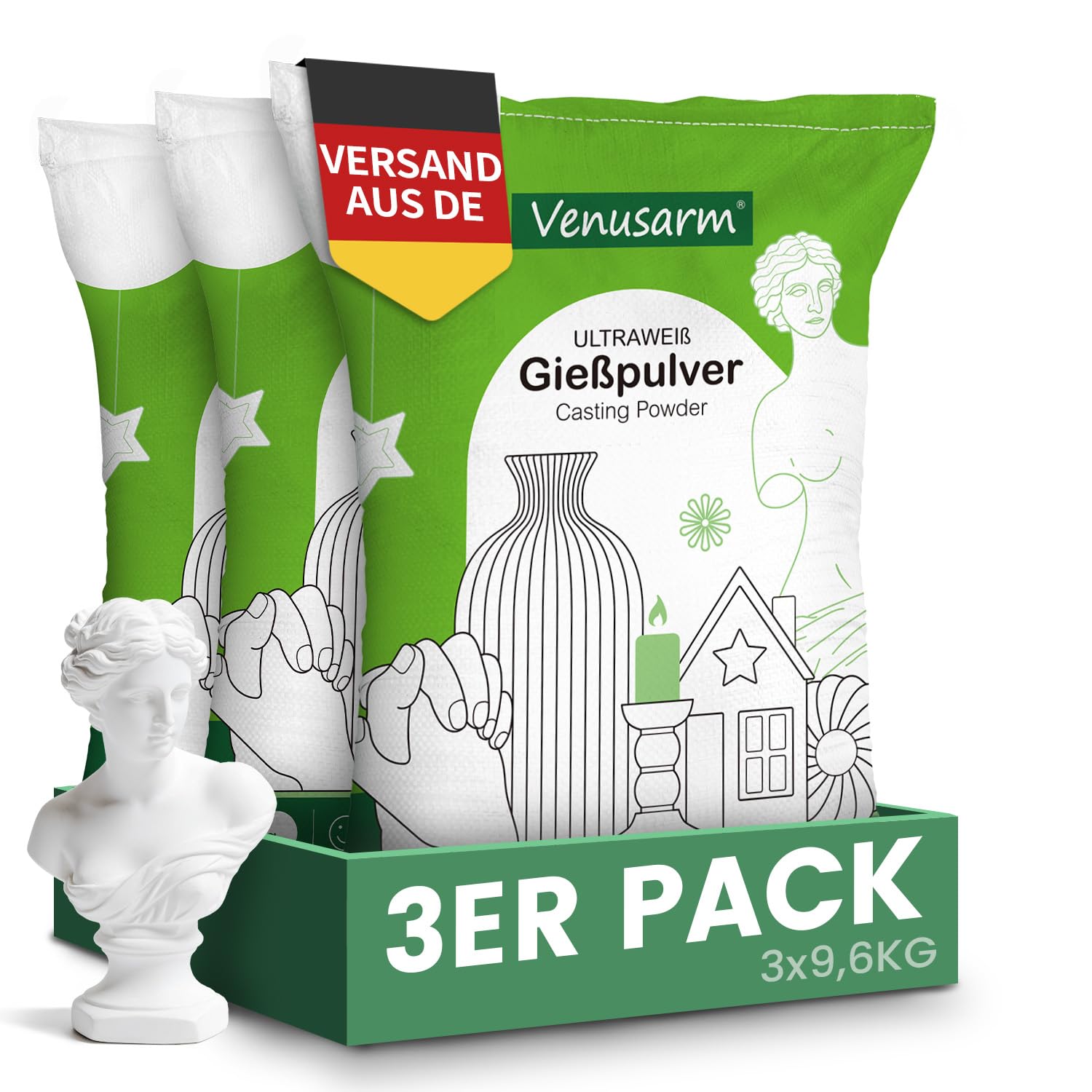 Venusarm Gießpulver Weiß 28,8kg, Gießpulver wie Neuschnee, Gießmasse wie Spiegel Glatter, Beruhigende Härte Gips zum Gießen für Detailgetreue Reliefs Kunsthandwerk Ornamente Gipsformen DIY