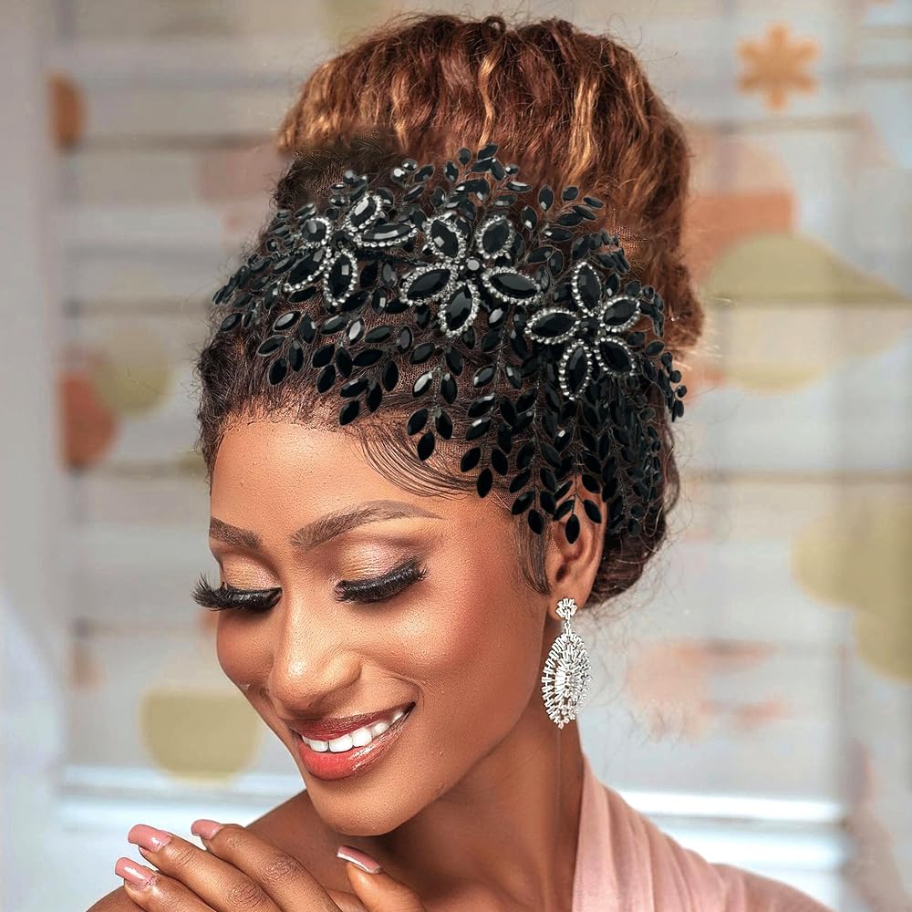 Bridal Hair Accessories, Wedding Hair Pieces for Brides, Rhinestone Bride Headband (Black) - Image 3