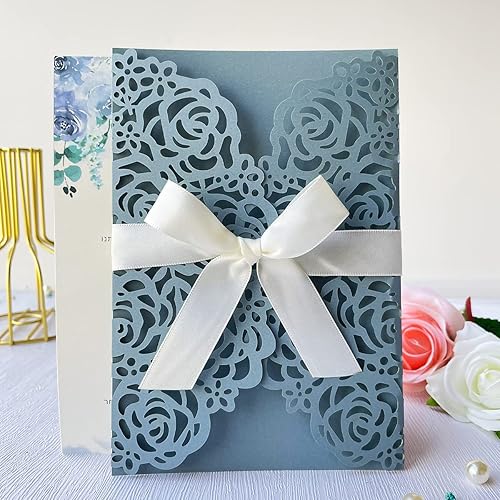 Miniatura 9 de 50 tarjetas de invitación de boda personalizadas de 5.12 x 7.28 pulgadas con corte láser dorado con lazo burdeos para despedida de soltera,