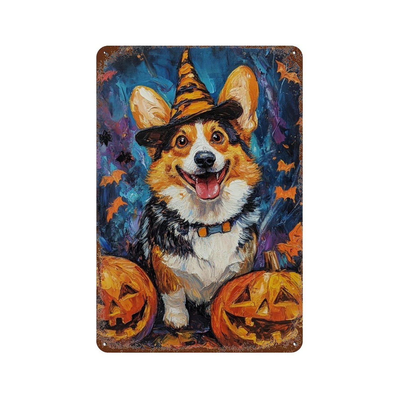 Halloween Corgi with Jack-o'-lanterns Weathered Tin Sign 11.8"x7.9", Industrial Home Decor for Basement, Hobby Room And Garage Decor
