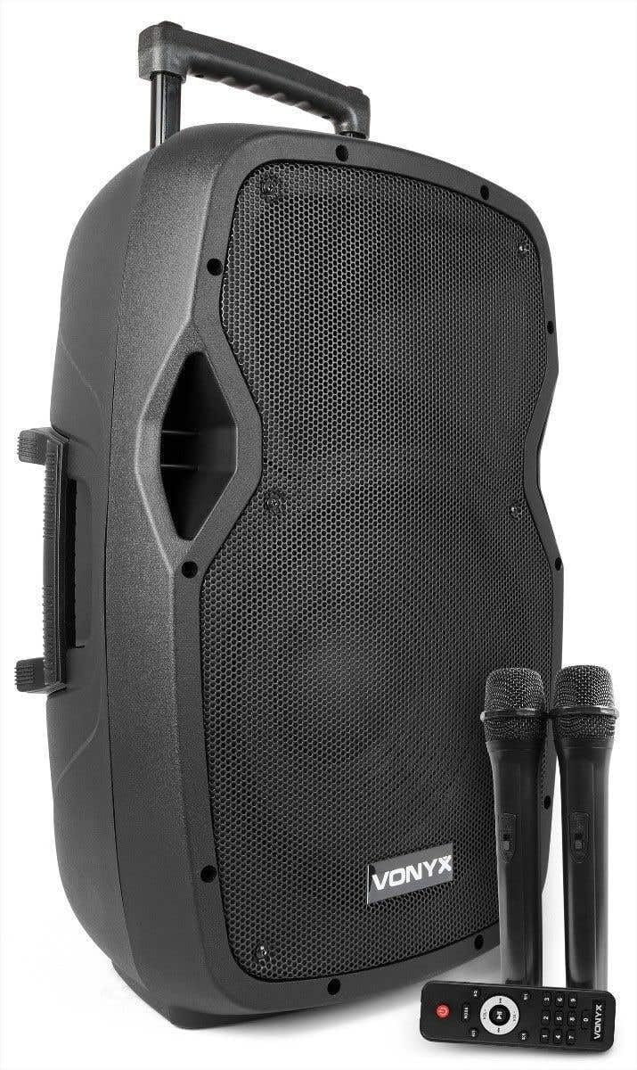 Vonyx AP1200PA Enceinte Sono Portable avec Micros sans Fil - 600W Max, Bluetooth, USB/SD/MP3, Boomer 12", Batterie Intégrée, avec Poignée Télescopique et roulettes pour Les Déplacements
