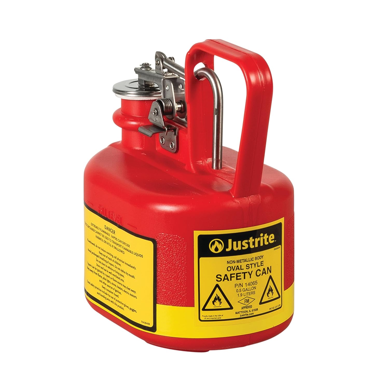 Justrite 14065 1/2 Gallon, 4 5/8" x 7 5/8" x 9.50" Size Type I Red Oval Polyethylene Safety Can with Stainless Steel Hard