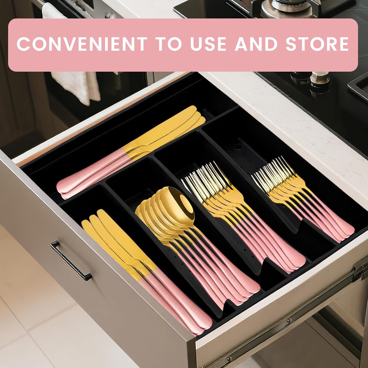 New Gradient Purple Gold Silverware Set for Family Dining Room,24-Piece Flatware Set with Organizer,Heavy Duty Stainless Steel Silverware for 6,Rust-proof Stainless Steel Cutlery (Pink Gold)