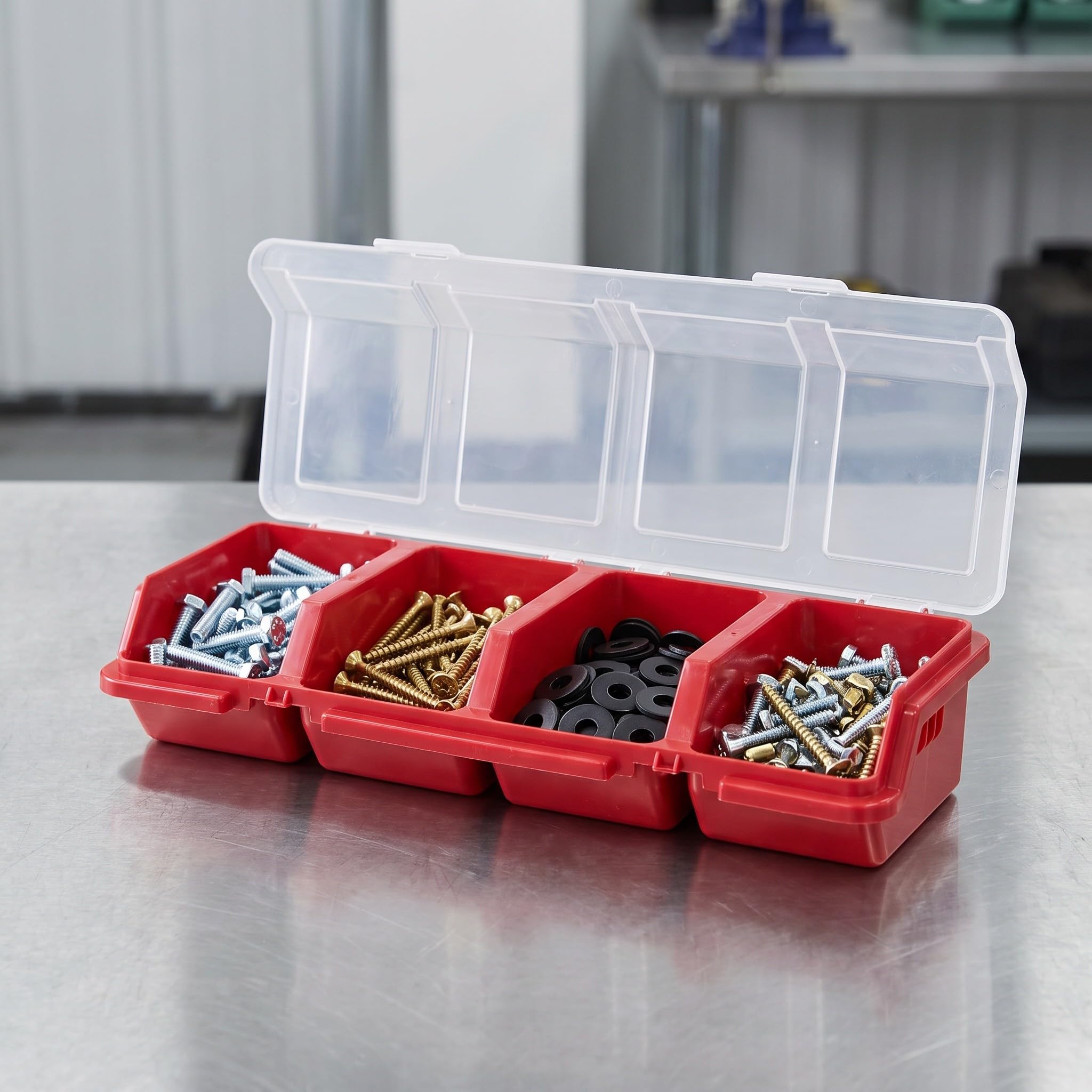 Set di 4 organizer per piccoli componenti - Valigetta portatile per riporre ferramenta con 4 divisori, coperchio trasparente e cassetta degli attrezzi per viti, bulloni, chiodi, elementi di