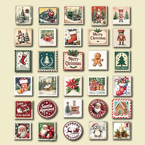 Vintage Christmas Stamp Stickers – 30pcs Holiday Vinyl Decals –