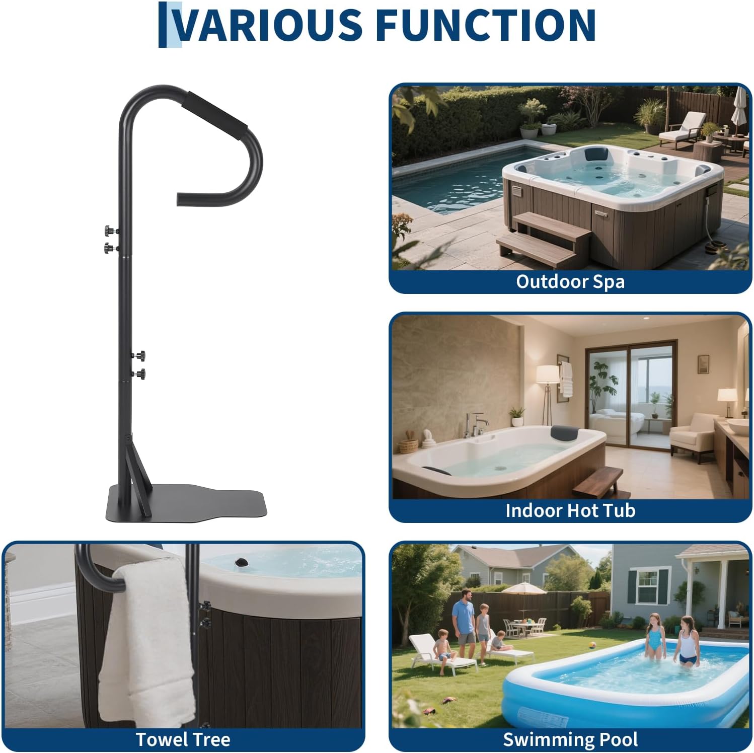 Slide Under Hot Tub Handrail for Above Ground Pool,38"-58" Adjustable Safety Spa Handrail, Deck Mount Swivel Hand Rail with Towel Hook for Indoor and Outdoor, 600LBS Capacity