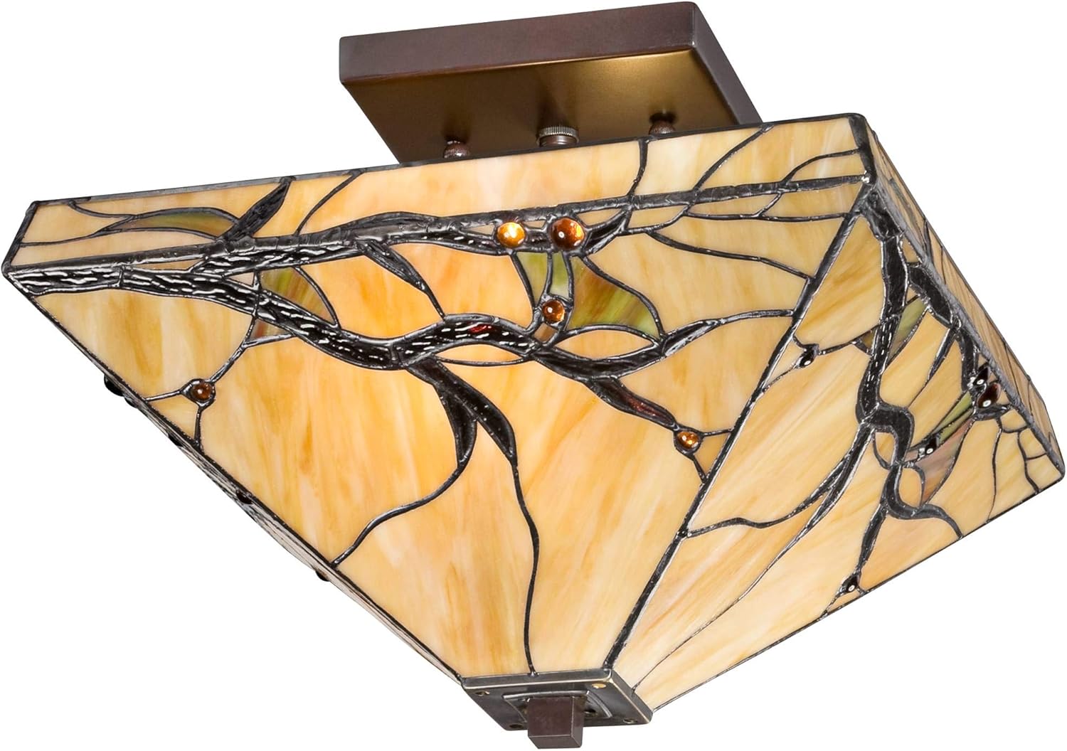 Robert Louis Tiffany Budding Branch Mission Tiffany Style Close to Ceiling Light Semi-Flush Mount Fixture Bronze 14" Wide Art Glass for Cottage Core House Bedroom Hallway Living Room Bathroom Dining