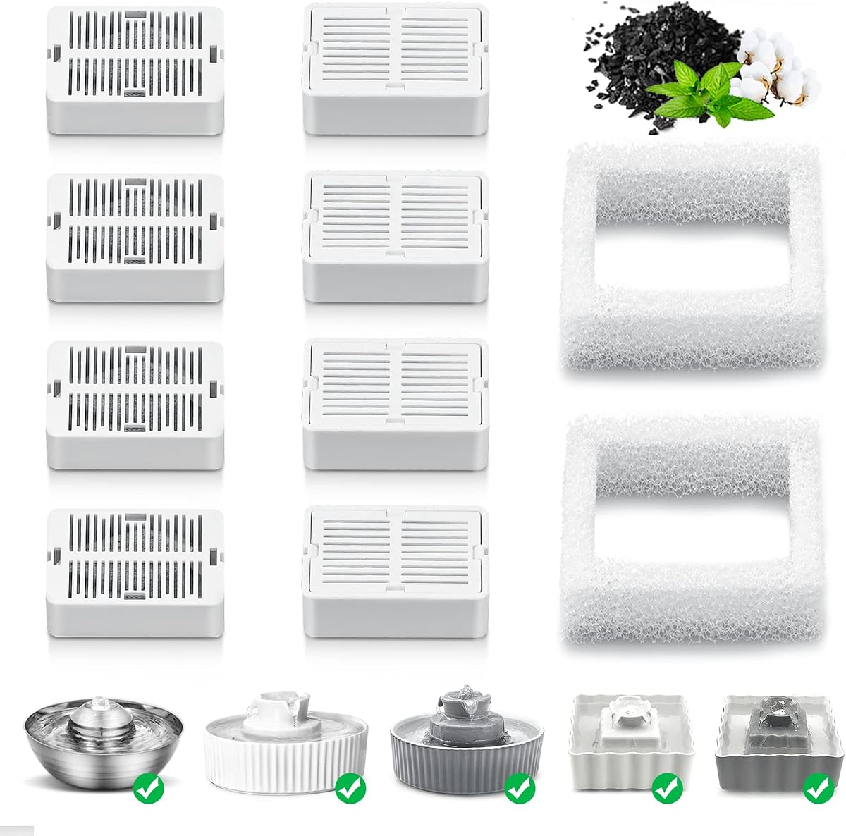 Wave and Cup Cake Porcelain Cat Fountain Filter 8 Carbon Filters 2 Foam Filters Ceramic Pet Fountain Water Dispenser Dog Fountain Replacement Filters(10PACK)
