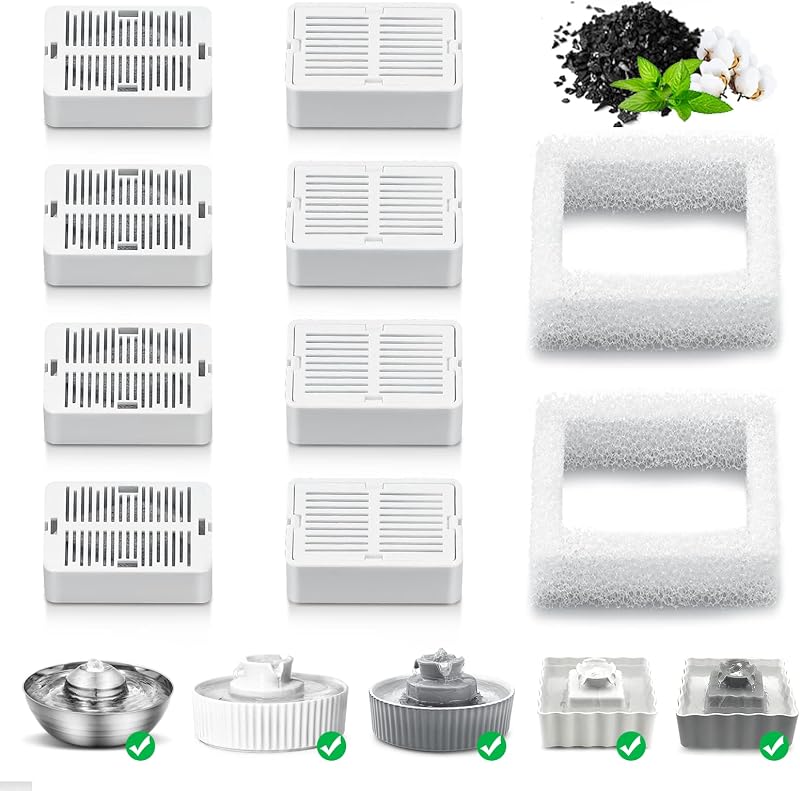 Wave and Cup Cake Porcelain Cat Fountain Filter 8 Carbon Filters 2 Foam Filters Ceramic Pet Fountain Water Dispenser Dog Fountain Replacement Filters(10PACK)