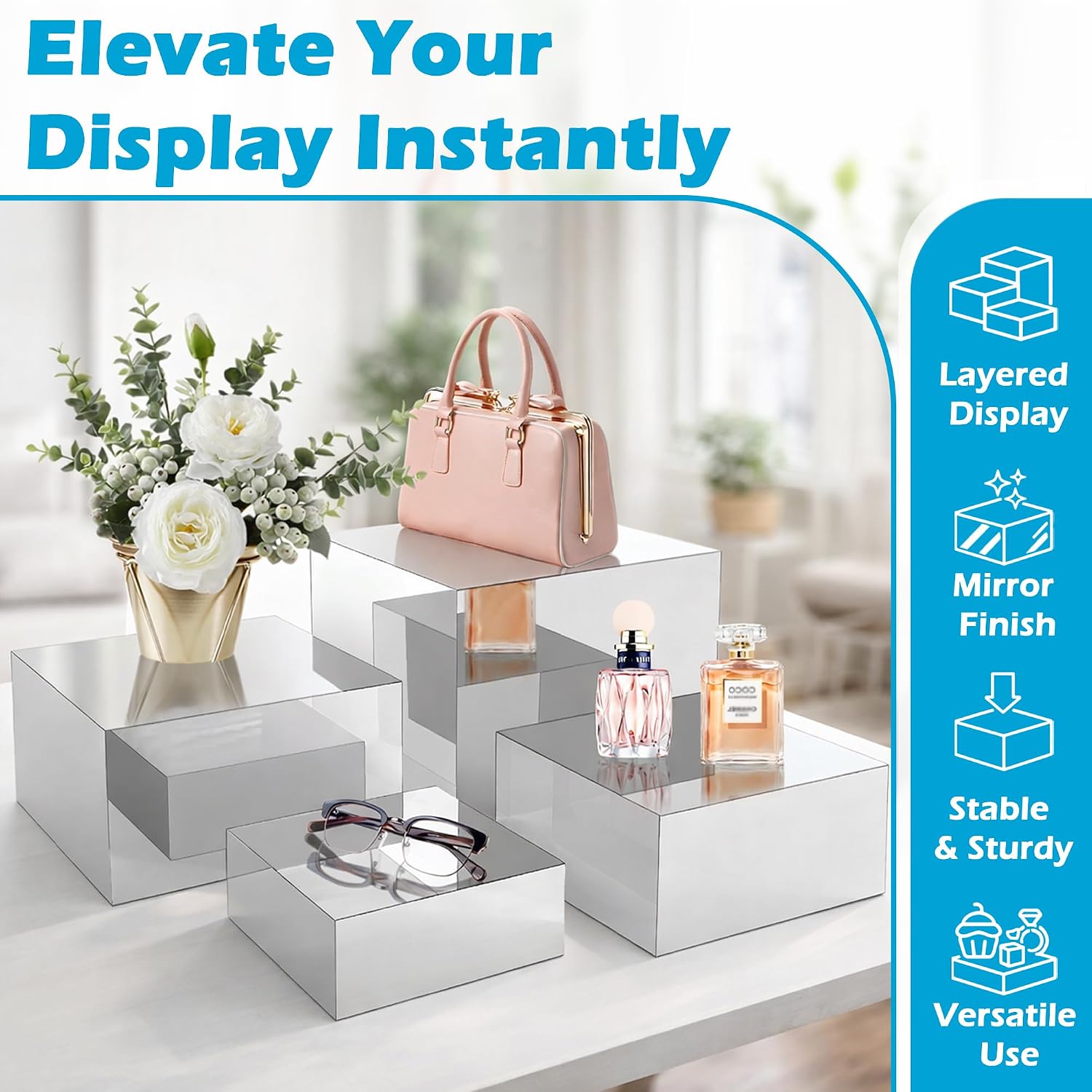 4Pcs Acrylic Risers Display Stands, Food Risers for Buffet Table, Acrylic Cube Mirror Risers for Catering Dessert, Jewelry Collectibles Party, Silver