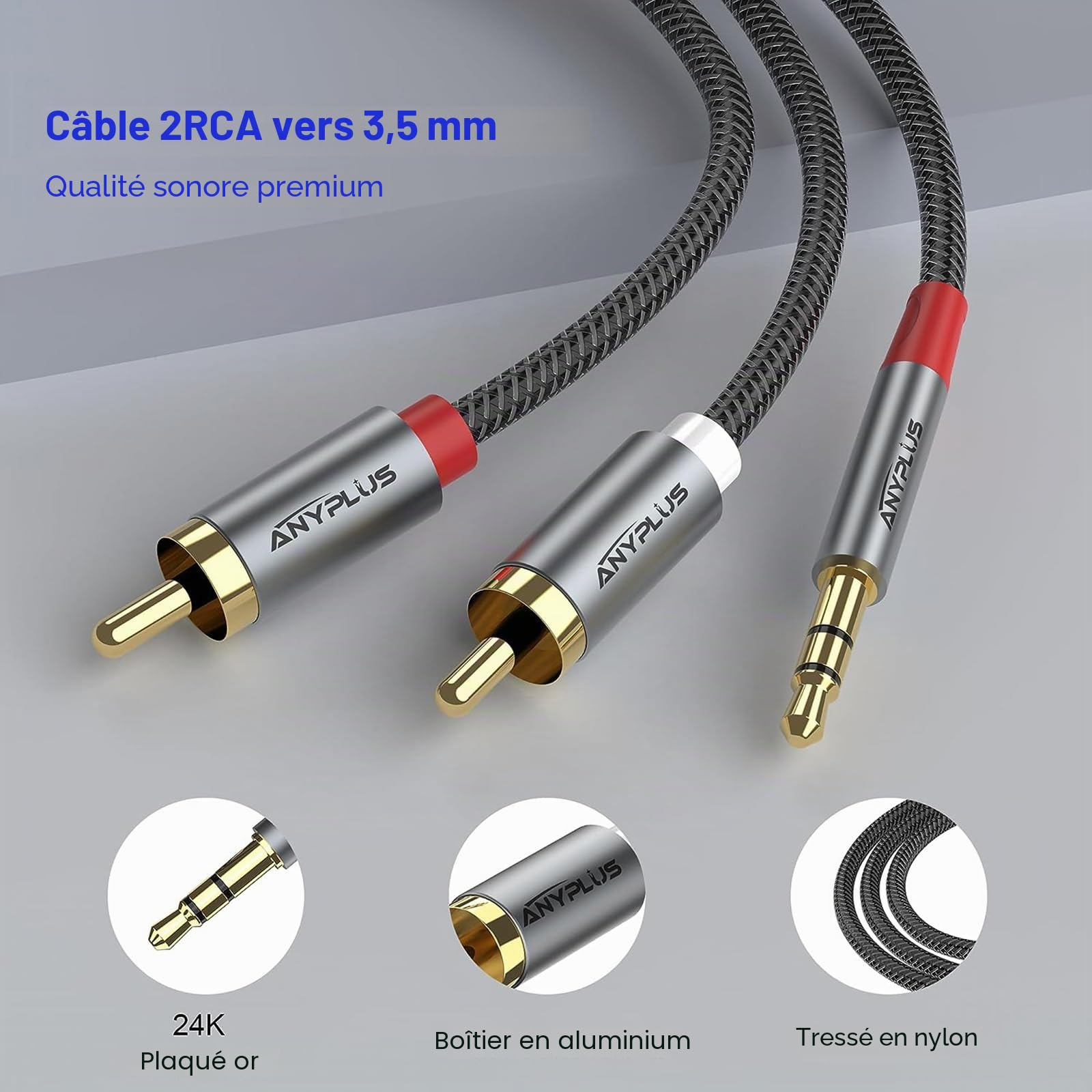 Câble RCA Jack,【0.5M】 3.5mm vers 2RCA Mâle Audio Stéréo,Ligne de Poisson Tissé Adaptateur RCA, Pour Smartphone, PC, Autoradio, Home Cinéma, Amplificateur, Chaîne HiFi,TV