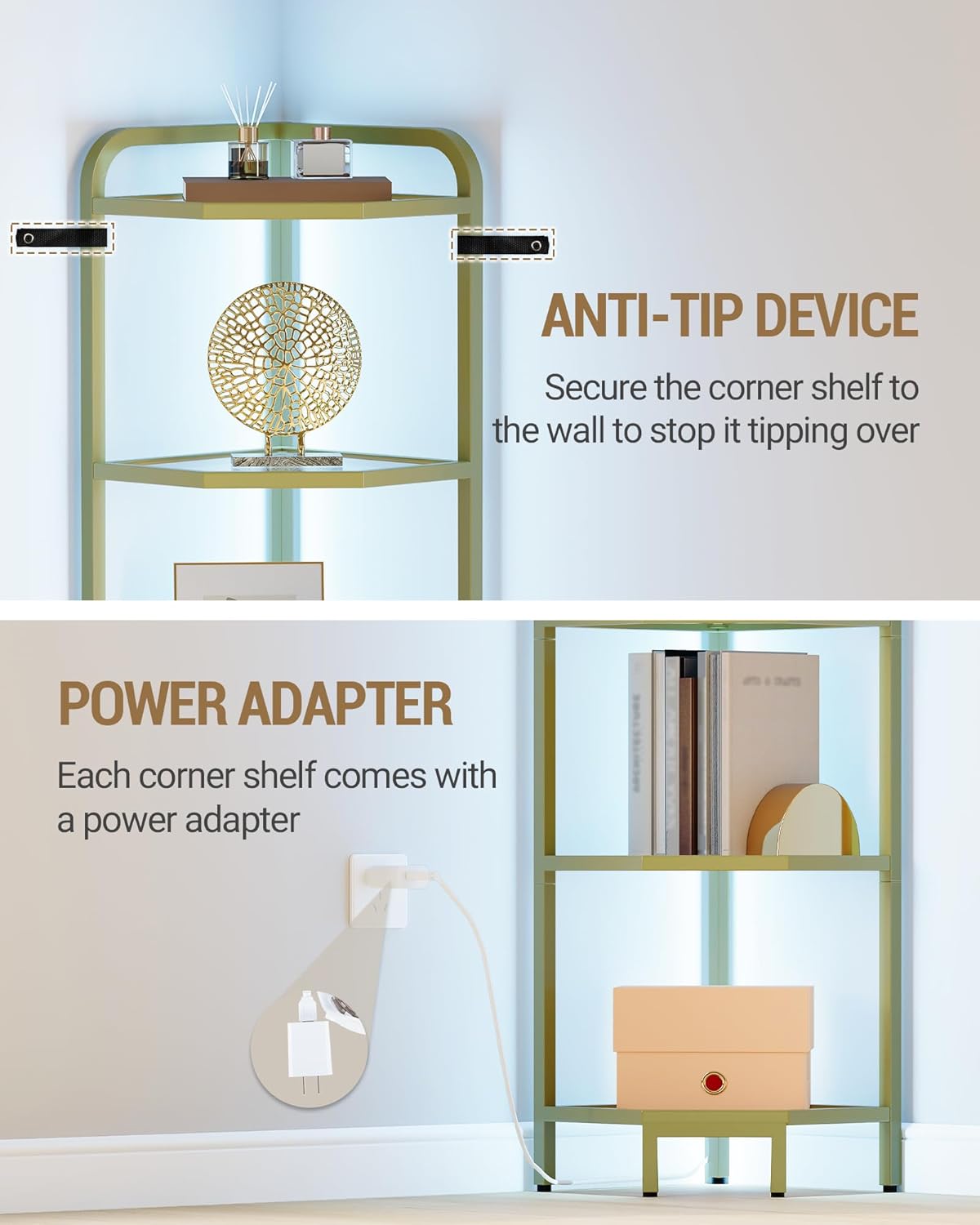 Hzuaneri Corner Shelf with LED Lighting, 5-Tier Glass Bookshelf, Steel Frame, Tempered Glass, Modern Style Corner Shelf, Suitable for Living Room, Bedroom and Game Room, Gold CS09599G