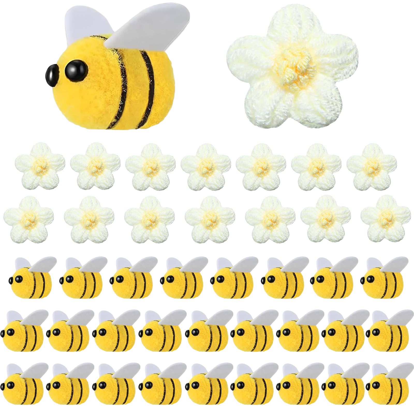 JOOTUEPO Felt Bees for Crafts and Crocheted Flowers Set, 40 Pcs Wool Bee Decorations Plush Knitted Flowers, Wool Bee Plush Decor for DIY Craft Decoration Party Favors