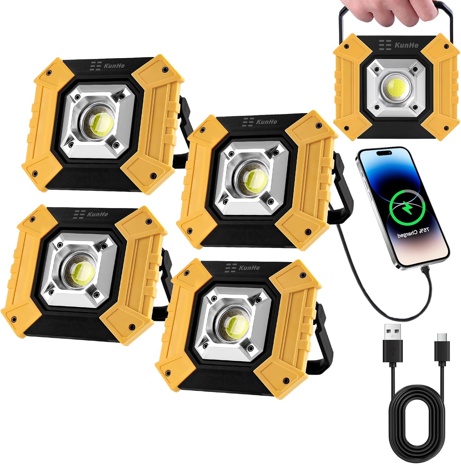 KunHe 4 Pack 400 Lumens LED Work Light 3600mAh Battery Rechargeable Portable Waterproof Work Lights with Stand COB Flood Lights for Camping Fishing Hiking Car Inspection Emergency Use