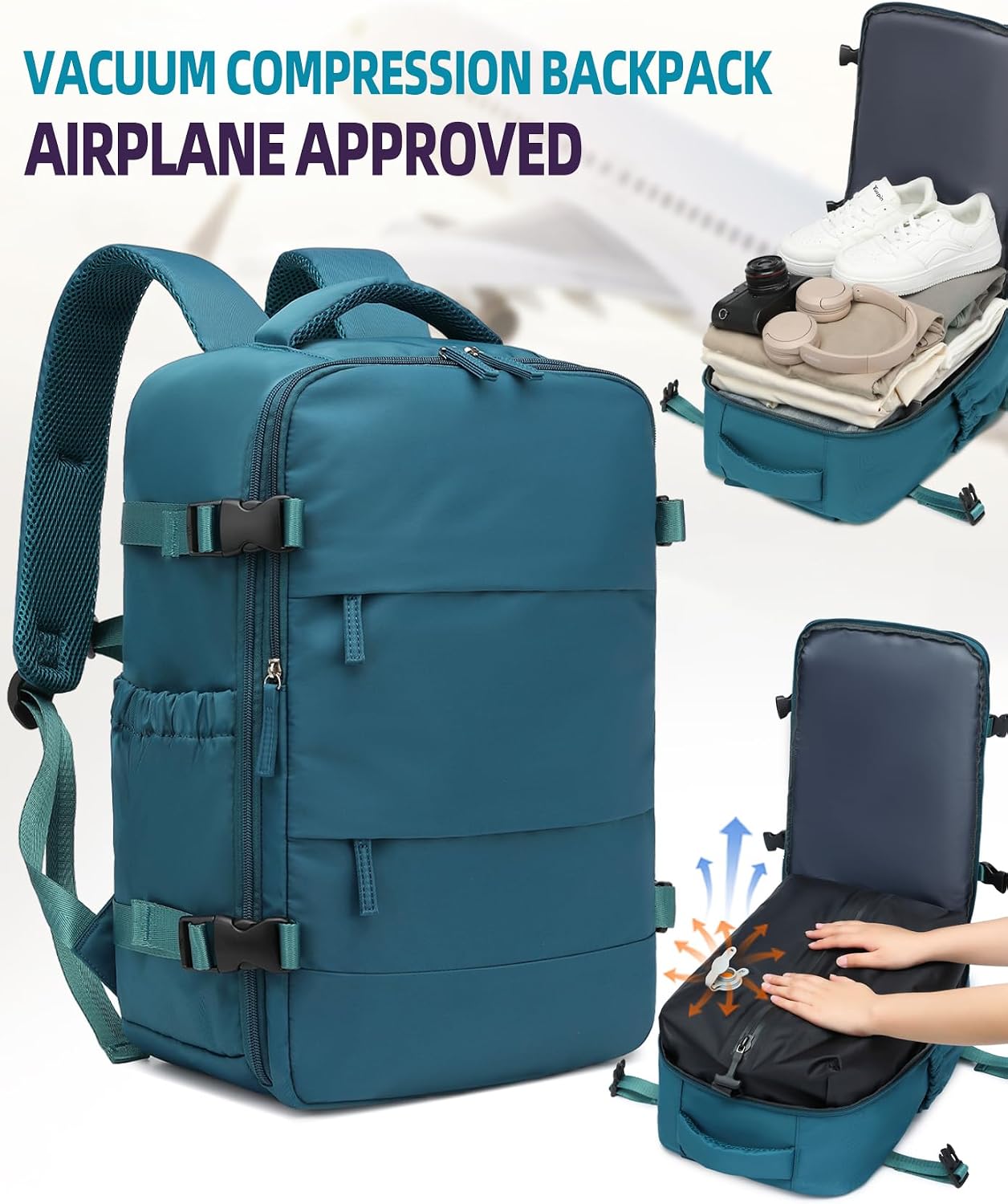 Travel Backpack w/Vacuum Compression (w/Pump) - Carry-On, 18x14x8 In, Multi-Comp Laptop Bag (孔雀蓝)