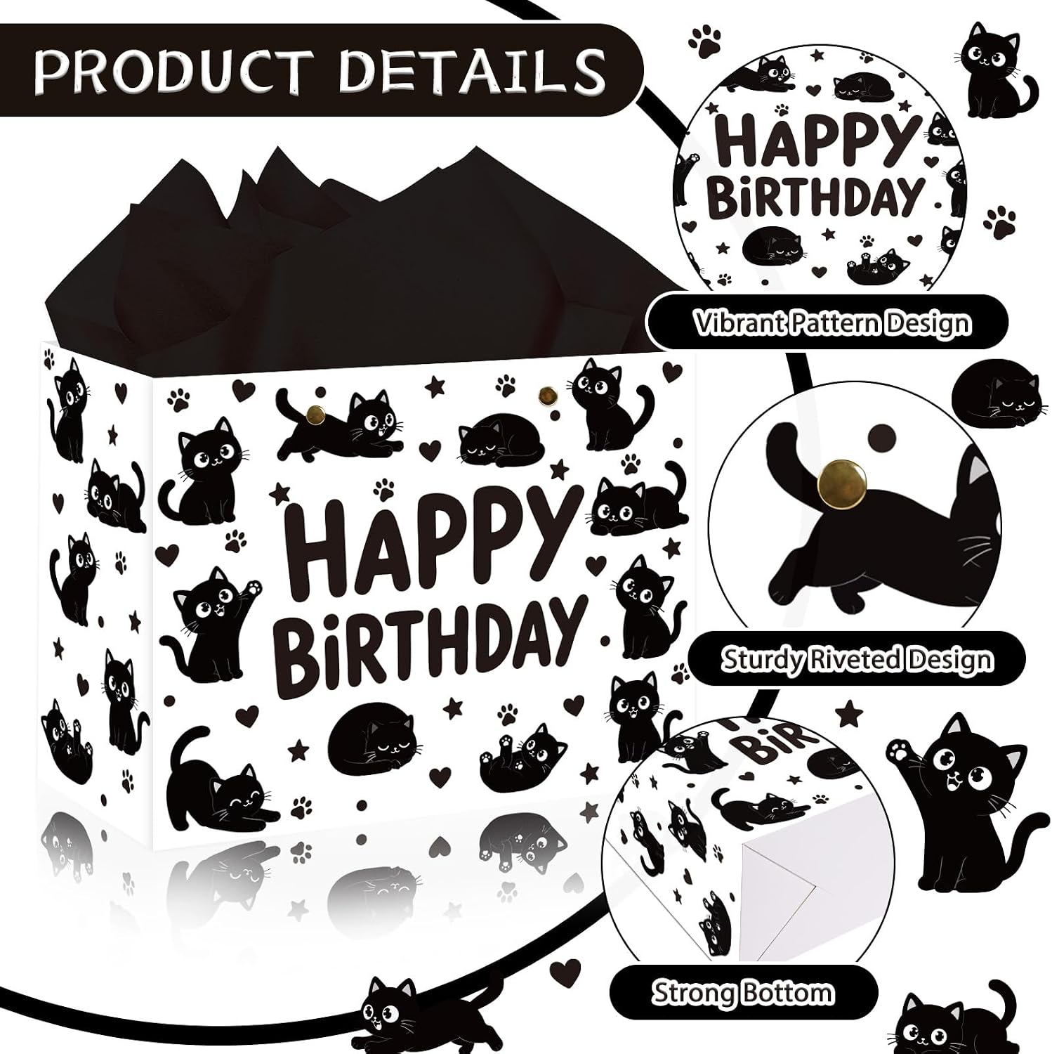 Black Cat Birthday Gift Bag - 13" Large Cute Kitten Gift Wrapping Paper Bag with Tissue Paper Greeting Card & Envelope, Funny Birthday Decor for Kids Cat Lovers, Halloween Party Favor Supplies image 4