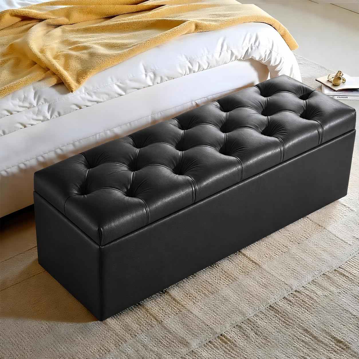 Harveys 116L Velvet Chesterfield Ottoman, Buttoned Diamond, Black Leather — image 1