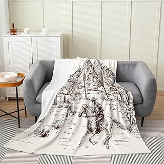 Erosebridal Cowboy Blanket, Western Throw Blanket Twin 60x80 Inch for Boys Men, Horse Hand Drawn Illustration American Wild West Adventure Fleece Blanket Mountains Desert Cactus Fuzzy Blanket