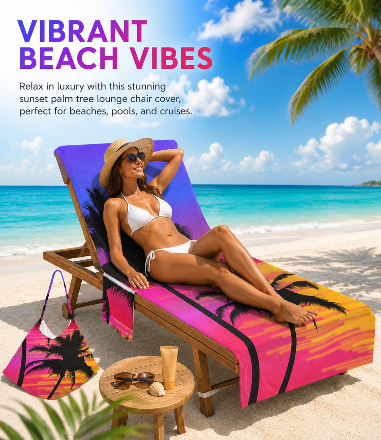 Highdi Housse de Chaise de Plage 3D Couverture de Serviette de Chaise Longue avec Poche Housse de Serviette de Chaise Longue en Microfibre pour Piscine, Bain de Soleil (75x210cm,Crépuscule)