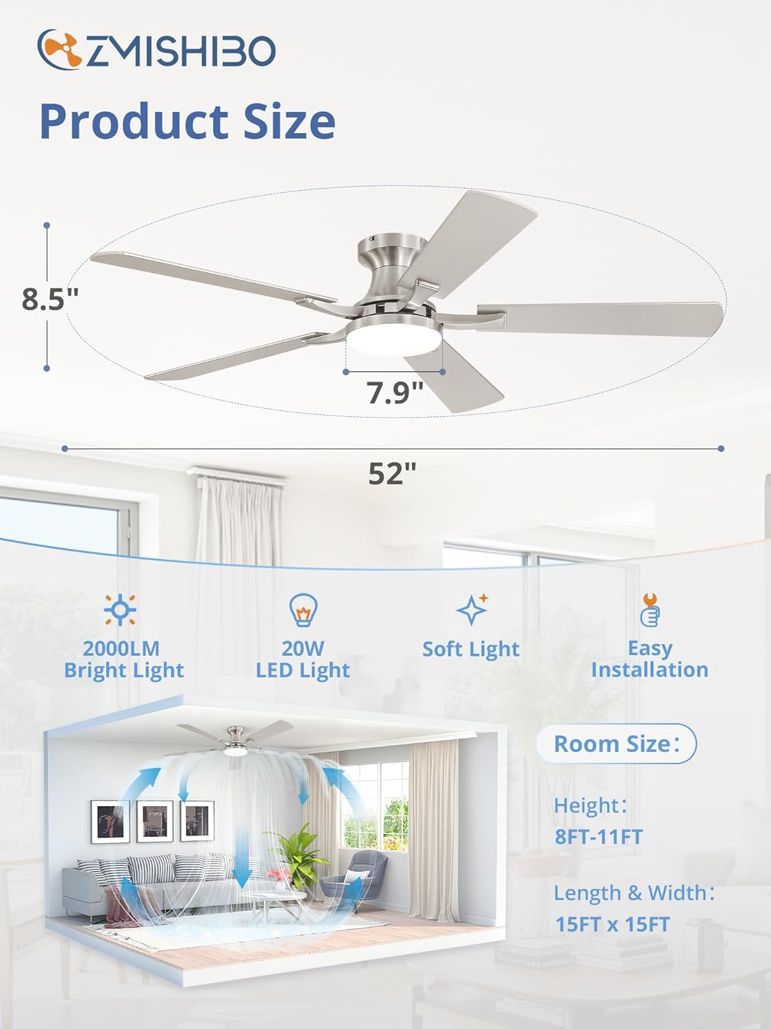 ZMISHIBO 52 Inch Ceiling Fan with Light, App&Remote Control, Flush Mount Low Profile, Dimmable 20W LED Light, Quiet Reversible Motor for Bedroom, Living Room, Apartment, Nickel - Image 7