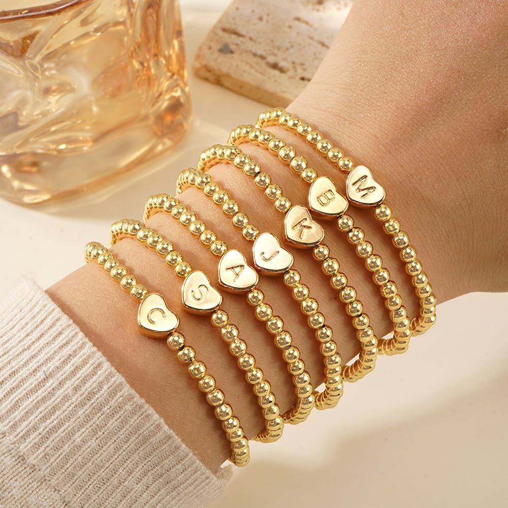 Heart Initial gold Beaded Bracelet for Women Dainty Gold Plated letter Charm Bracelet,Handmade Boho Stretch Bracelet Trendy Jewelry Gift Friendship - Image 2